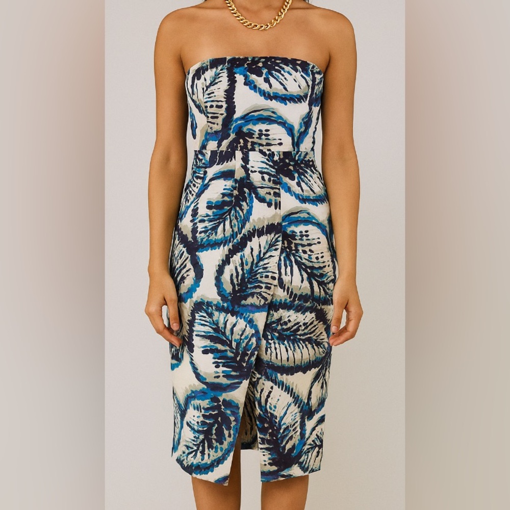 Banana Republic Strapless Leaf-Print Midi Dress in White and Blue